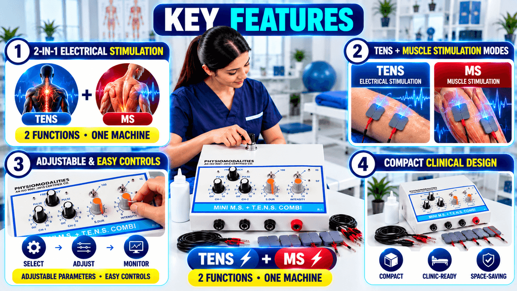 2-in-1 TENS + MS Physiotherapy Machine Key features of a 2-in-1 TENS + MS physiotherapy machine, showing dual electrical stimulation modes, adjustable controls, and a compact, clinic-ready design.