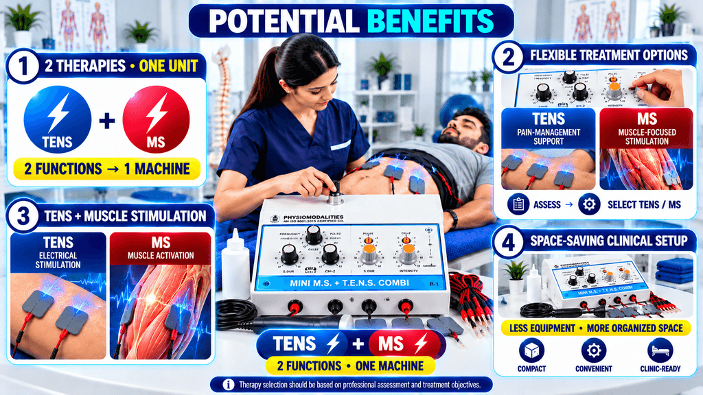 2-in-1 TENS + MS Physiotherapy Machine Potential benefits of a 2-in-1 TENS + MS physiotherapy machine, highlighting two therapy functions in one unit, flexible treatment options, muscle stimulation, pain-management support, and space-saving clinical setup.