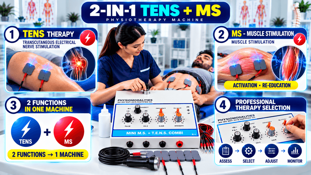 2-in-1 TENS + MS Physiotherapy Machine 2-in-1 TENS + MS physiotherapy machine demonstrating TENS therapy, muscle stimulation, dual-function operation, adjustable controls, electrode placement, and professional treatment selection