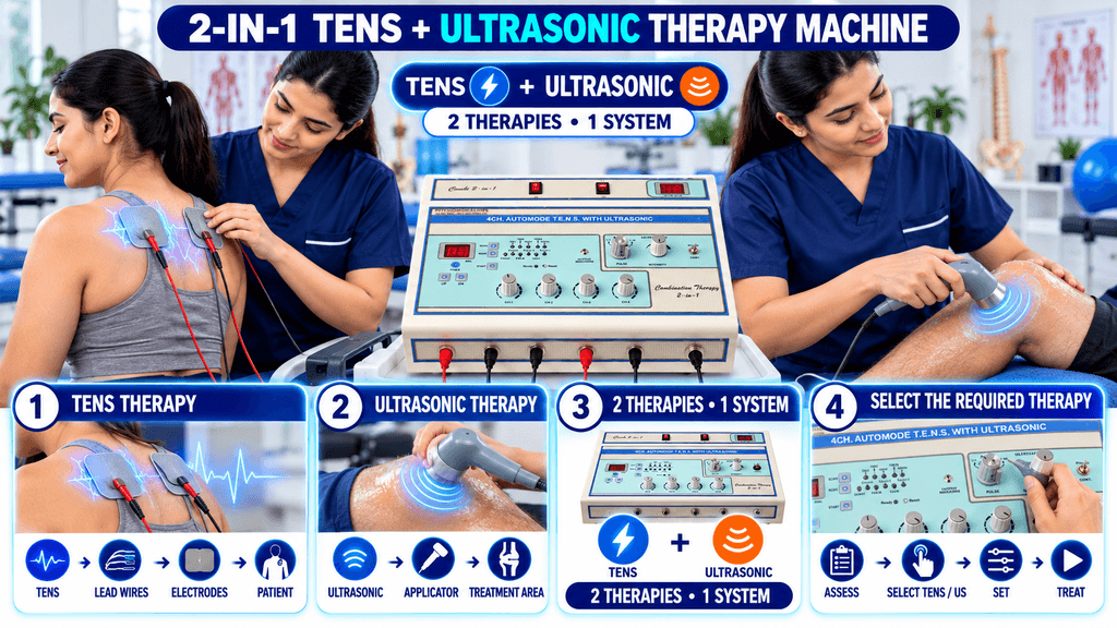 2-in-1 TENS with Ultrasonic Therapy Machine demonstrating TENS electrode therapy, ultrasonic applicator treatment, dual-therapy functionality, and therapy selection controls.