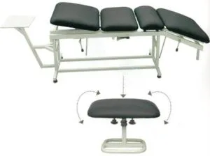 4 Fold Traction Therapy Table 3-fold physiotherapy treatment table with padded sections, adjustable backrest, sturdy metal frame, and movable face support.