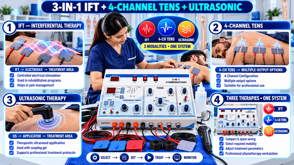 3 in 1 IFT 4 Channel TENS Ultrasonic Combo Device 3-in-1 IFT + 4-channel TENS + Ultrasonic physiotherapy machine demonstrating three therapy modalities, electrode placement, ultrasonic applicator use, adjustable treatment controls, and clinical application.