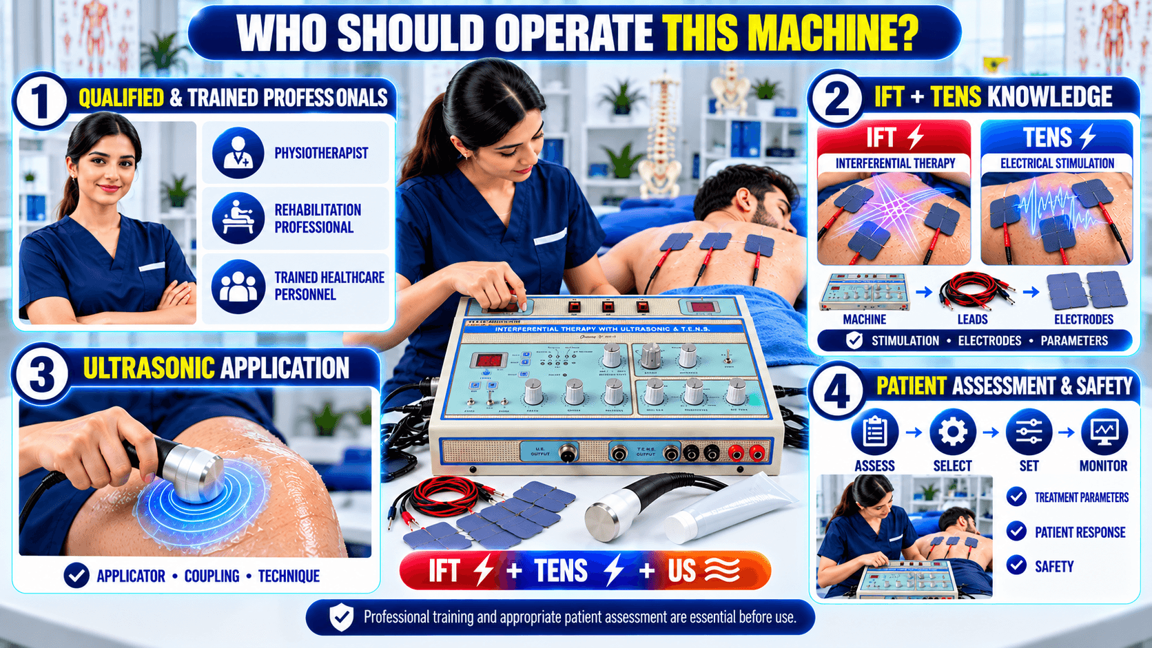 3-in-1 IFT + TENS + US Physiotherapy Machine Who should operate a 3-in-1 IFT, ultrasonic, and heat physiotherapy machine, highlighting professional training, electrode knowledge, ultrasonic and heat application, and patient safety.