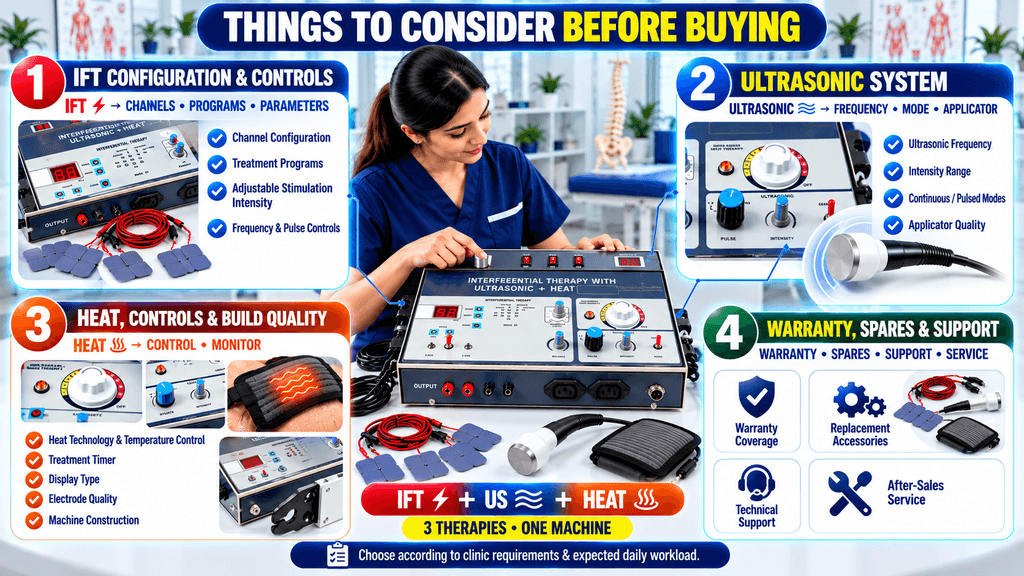 3-in-1 IFT + US + Heat Physiotherapy Machine Things to consider before buying a 3-in-1 IFT, ultrasonic, and heat physiotherapy machine, including therapy controls, ultrasonic system, heat function, build quality, warranty, accessories, and technical support.
