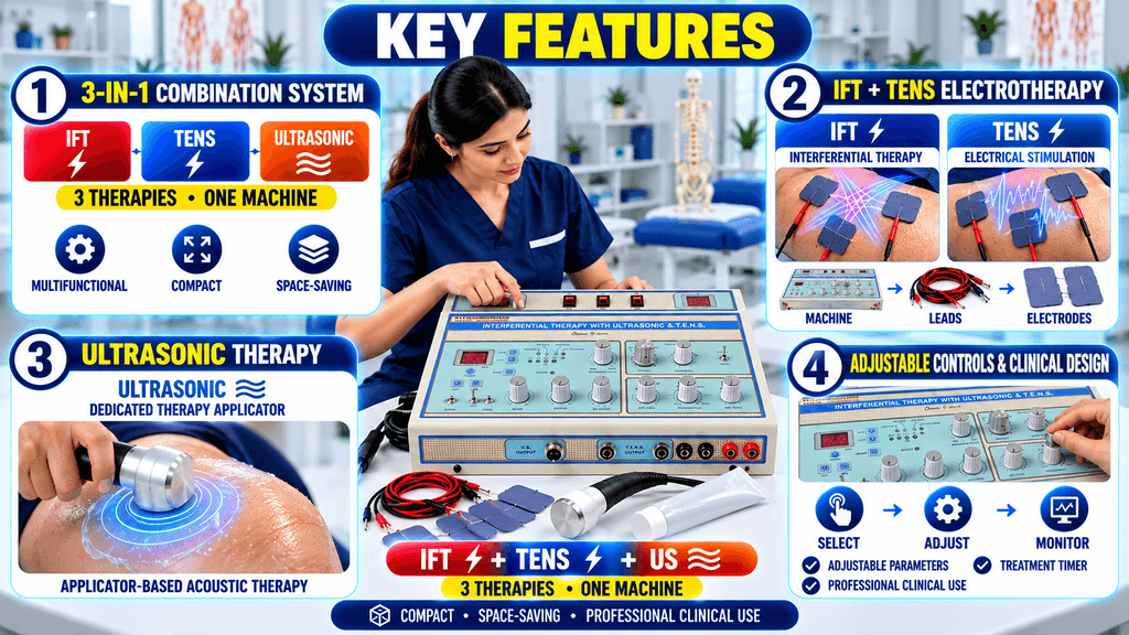 3-in-1 IFT + TENS + US Physiotherapy Machine Key features of a 3-in-1 IFT, ultrasonic, and heat physiotherapy machine with IFT electrodes, ultrasonic applicator, heat therapy pad, adjustable parameters, and treatment controls.