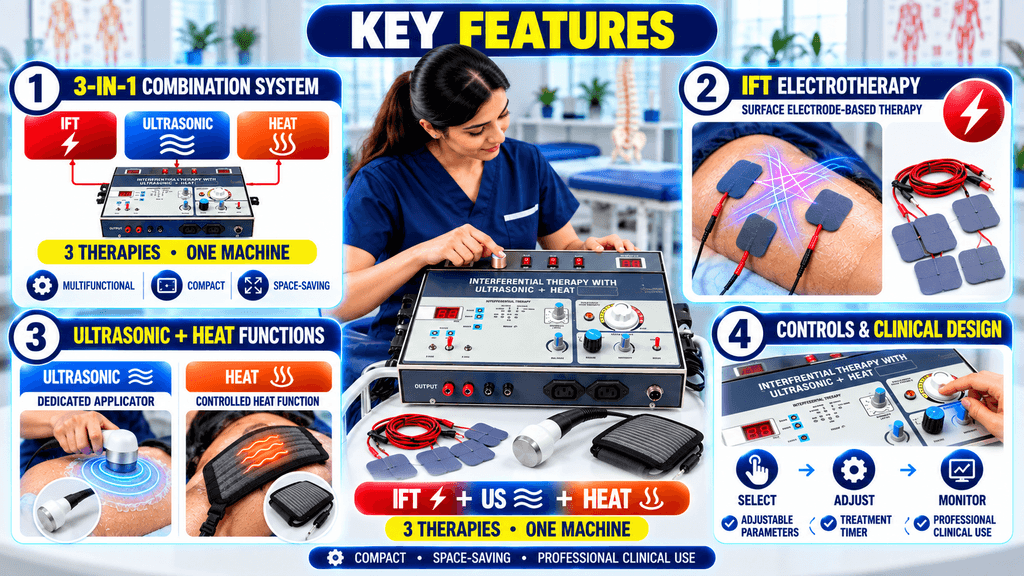 3-in-1 IFT + US + Heat Physiotherapy Machine Key features of a 3-in-1 IFT, ultrasonic, and heat physiotherapy machine with IFT electrodes, ultrasonic applicator, heat therapy pad, adjustable parameters, and treatment controls.