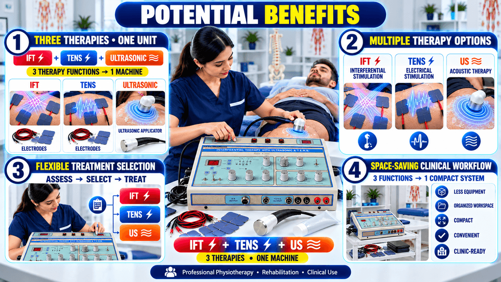 3-in-1 IFT + TENS + US Physiotherapy Machine Potential benefits of a 3-in-1 IFT, ultrasonic, and heat physiotherapy machine for flexible treatment selection, rehabilitation support, and space-saving clinical workflow.