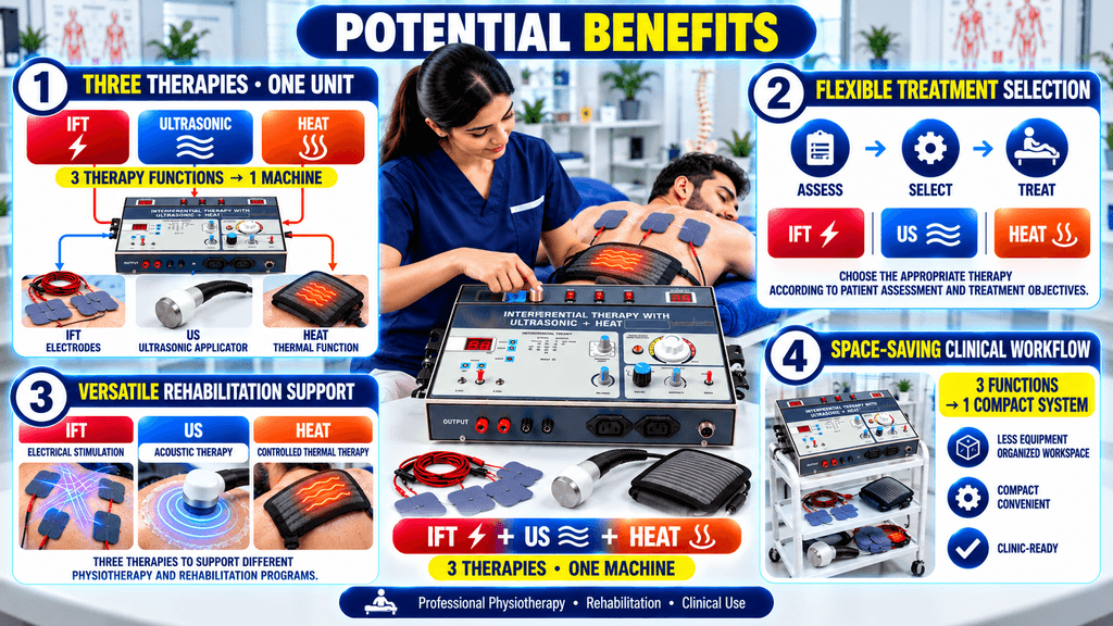 3-in-1 IFT + US + Heat Physiotherapy Machine Potential benefits of a 3-in-1 IFT, ultrasonic, and heat physiotherapy machine for flexible treatment selection, rehabilitation support, and space-saving clinical workflow.