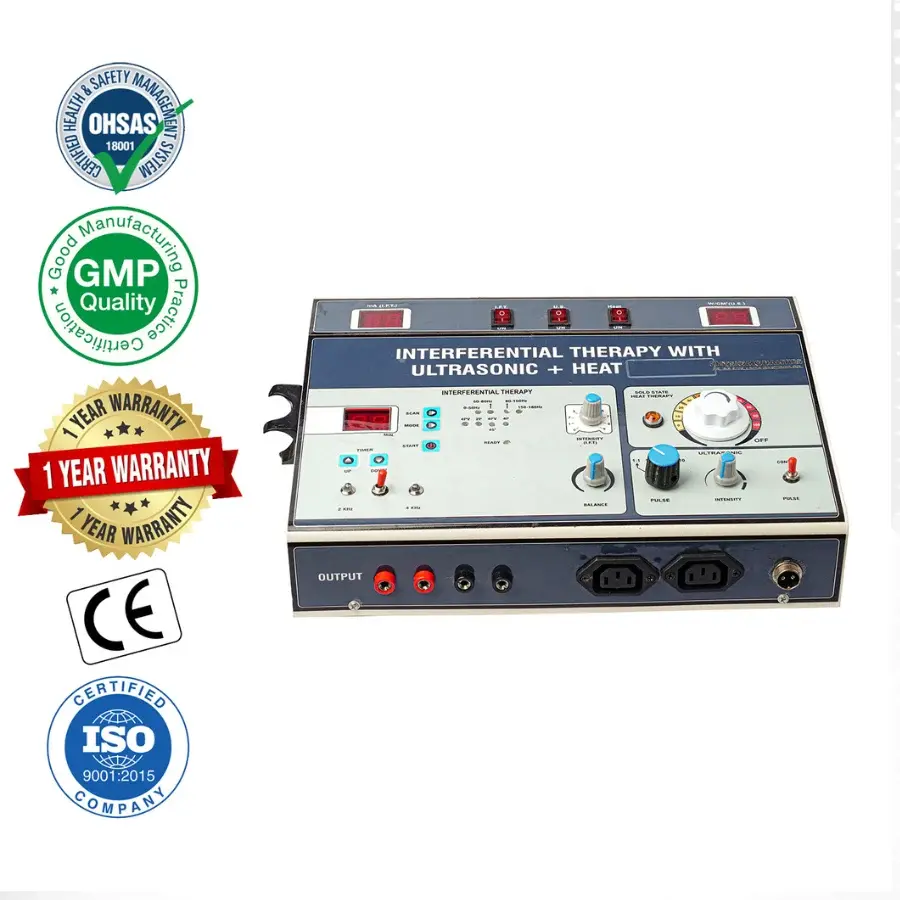 3-in-1 IFT + US + Heat Physiotherapy Machine 3-in-1 IFT + US + Heat physiotherapy machine with interferential therapy, ultrasonic therapy, heat therapy controls, digital displays, and multiple output connections.