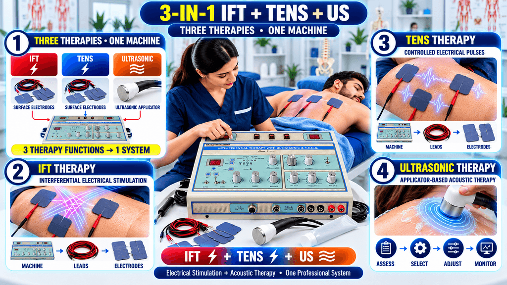 3-in-1 IFT + TENS + US Physiotherapy Machine 3-in-1 IFT, ultrasonic, and heat physiotherapy machine showing interferential therapy, ultrasonic applicator treatment, and controlled heat therapy.