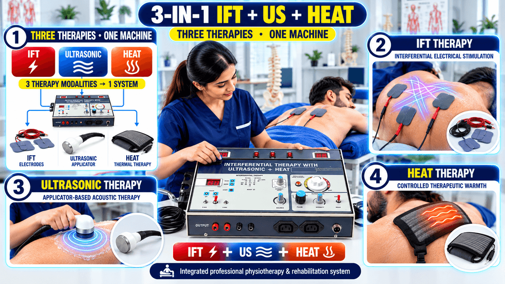 3-in-1 IFT + US + Heat Physiotherapy Machine 3-in-1 IFT, ultrasonic, and heat physiotherapy machine showing interferential therapy, ultrasonic applicator treatment, and controlled heat therap