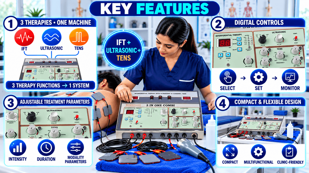 3-in-1 IFT + Ultrasonic + TENS Physiotherapy Machine 3-in-1 IFT, Ultrasonic, and TENS physiotherapy machine featuring digital controls, adjustable treatment parameters, and a compact clinic-friendly design.