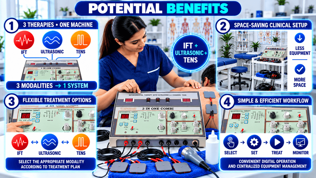 3-in-1 IFT + Ultrasonic + TENS Physiotherapy Machine Potential benefits of a 3-in-1 IFT, Ultrasonic, and TENS physiotherapy machine, including three therapy modalities in one unit, space-saving clinic setup, flexible treatment options, and efficient digital workflow.
