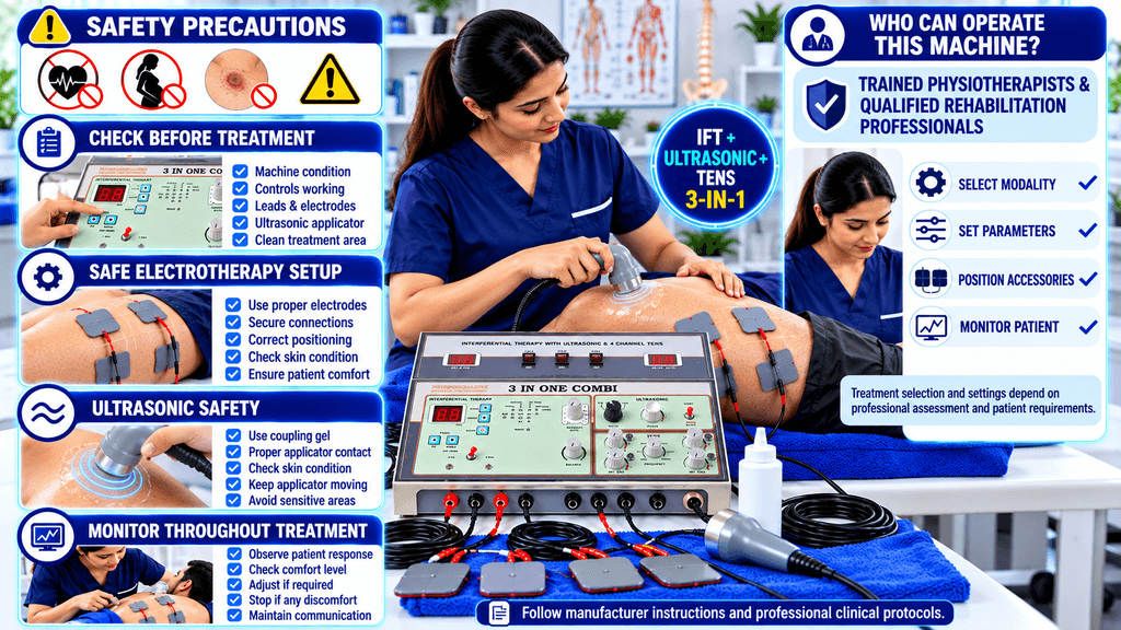 3-in-1 IFT + Ultrasonic + TENS Physiotherapy Machine Safety precautions for a 3-in-1 IFT, Ultrasonic, and TENS physiotherapy machine, showing pre-treatment checks, safe electrode setup, ultrasound safety, patient monitoring, and operation by trained physiotherapists or qualified rehabilitation professionals.