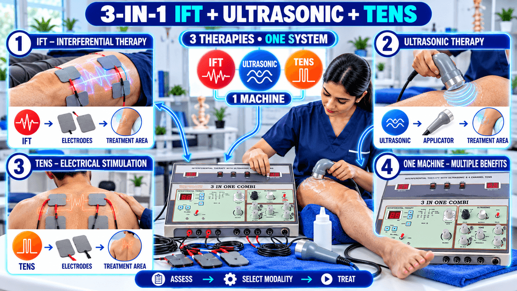 3-in-1 IFT + Ultrasonic + TENS Physiotherapy Machine 3-in-1 IFT + Ultrasonic + TENS Physiotherapy Machine