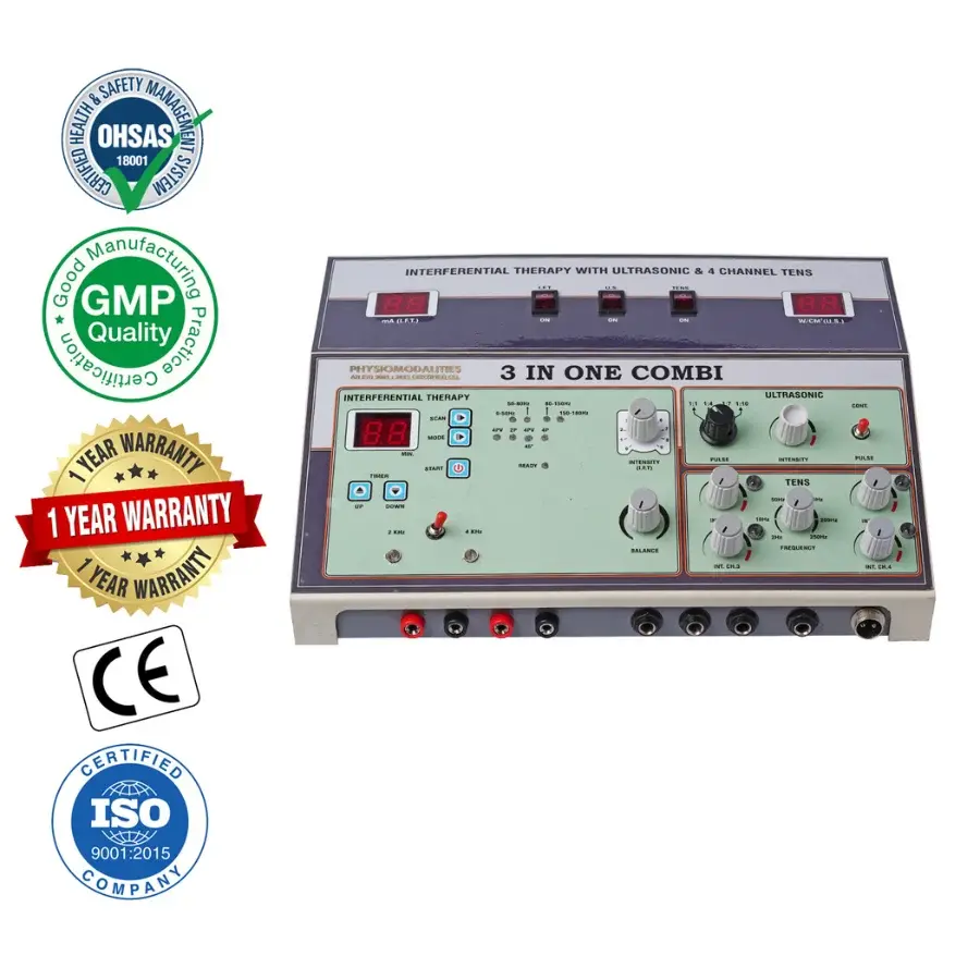 3-in-1 IFT + Ultrasonic + TENS Physiotherapy Machine 3-in-1 IFT physiotherapy machine combining Interferential Therapy, Ultrasonic Therapy, and TENS, shown with OHSAS, GMP, CE, ISO 9001:2015, and 1-year warranty badges.