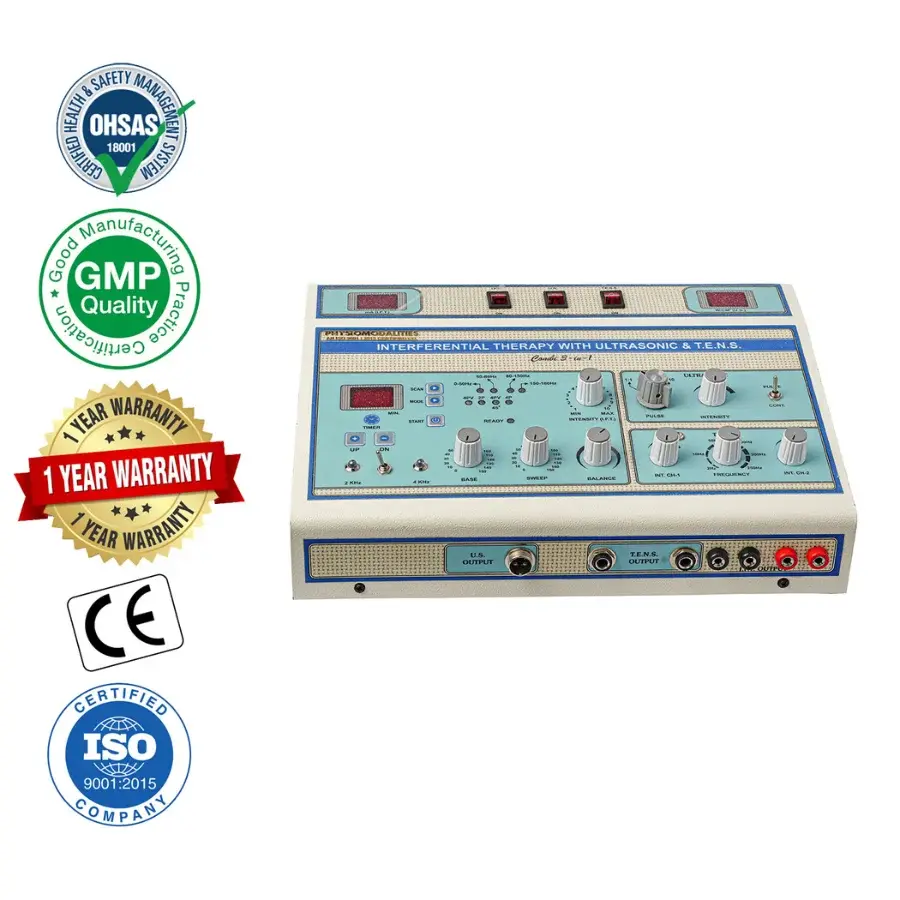 3-in-1 IFT + TENS + US Physiotherapy Machine 3-in-1 IFT + Ultrasonic + TENS physiotherapy machine with digital displays, adjustable therapy controls, ultrasonic output, TENS connections, and multiple treatment settings.