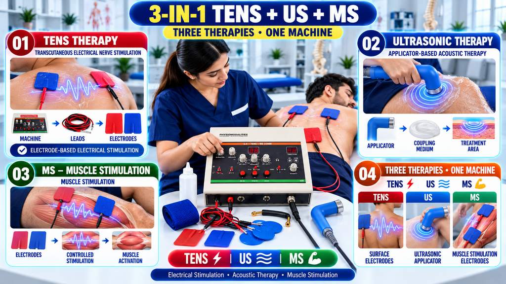 3-in-1 TENS, Ultrasonic and Muscle Stimulation physiotherapy machine with electrode pads, therapy leads, ultrasonic applicator and coupling gel.