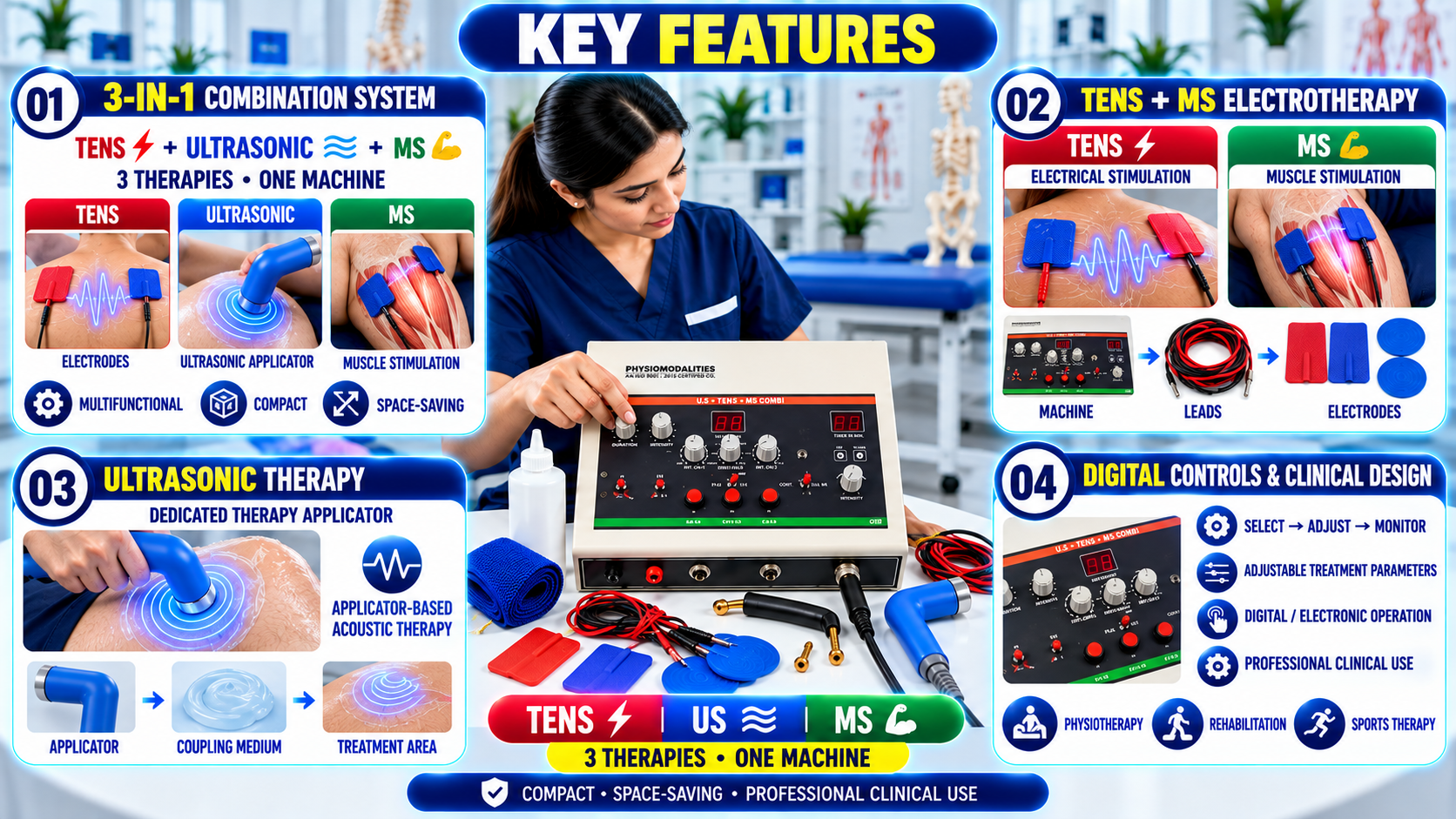 Key features of a 3-in-1 TENS, ultrasonic and muscle stimulation physiotherapy machine with digital controls, therapy electrodes and dedicated ultrasonic applicator.