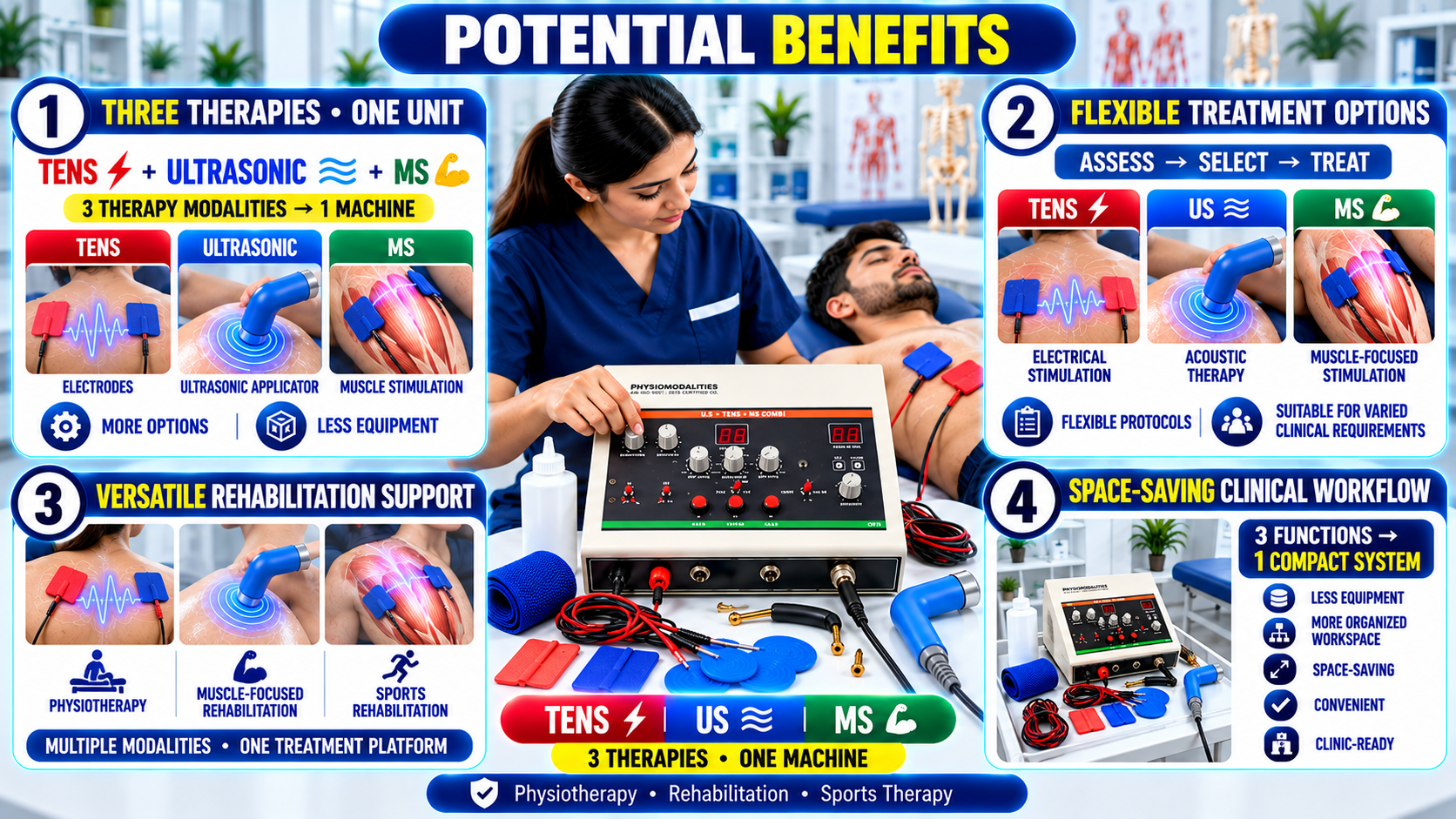 Potential benefits of a 3-in-1 TENS, ultrasonic and muscle stimulation physiotherapy machine for flexible treatment options, rehabilitation support and space-saving clinical use.