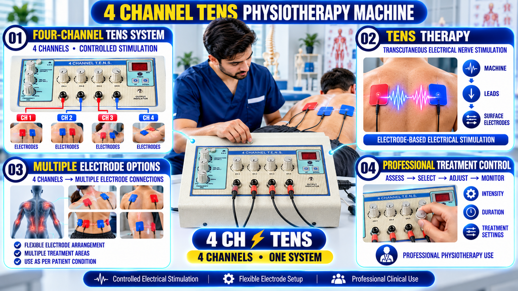 4 Channel TENS Physiotherapy Machine 4-channel TENS physiotherapy machine featuring four independent treatment channels, multiple electrode connections, adjustable intensity controls, treatment duration settings, and output indicators.