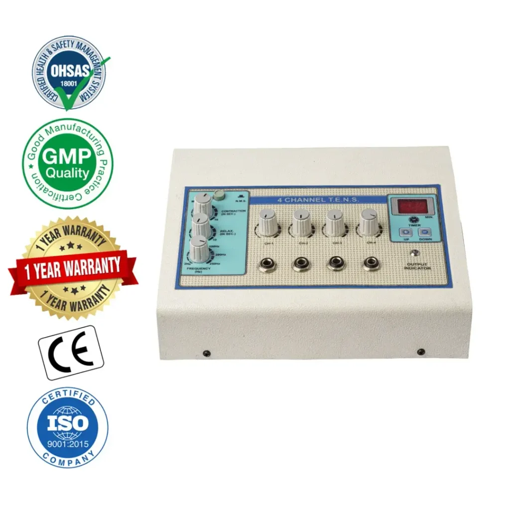 4 Channel TENS Physiotherapy Machine 4-channel TENS physiotherapy machine with adjustable intensity controls, frequency settings, treatment timer, output indicators, and electrode connection ports.