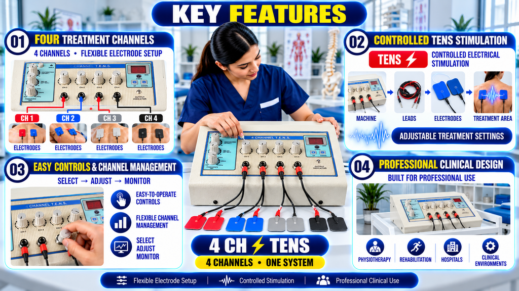 4 Channel TENS Physiotherapy Machine Key features of a 4-channel TENS physiotherapy machine with flexible electrode setup, controlled electrical stimulation, adjustable treatment settings, easy channel controls, and professional clinical design.