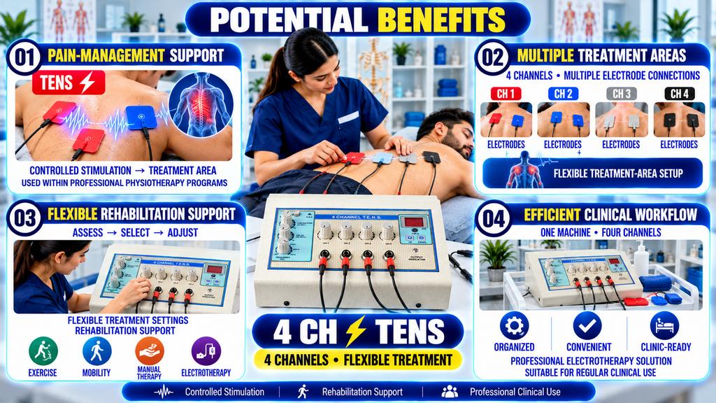 4 Channel TENS Physiotherapy Machine Potential benefits of a 4-channel TENS physiotherapy machine, including controlled stimulation, multiple treatment areas, flexible rehabilitation support, and an efficient clinical workflow.