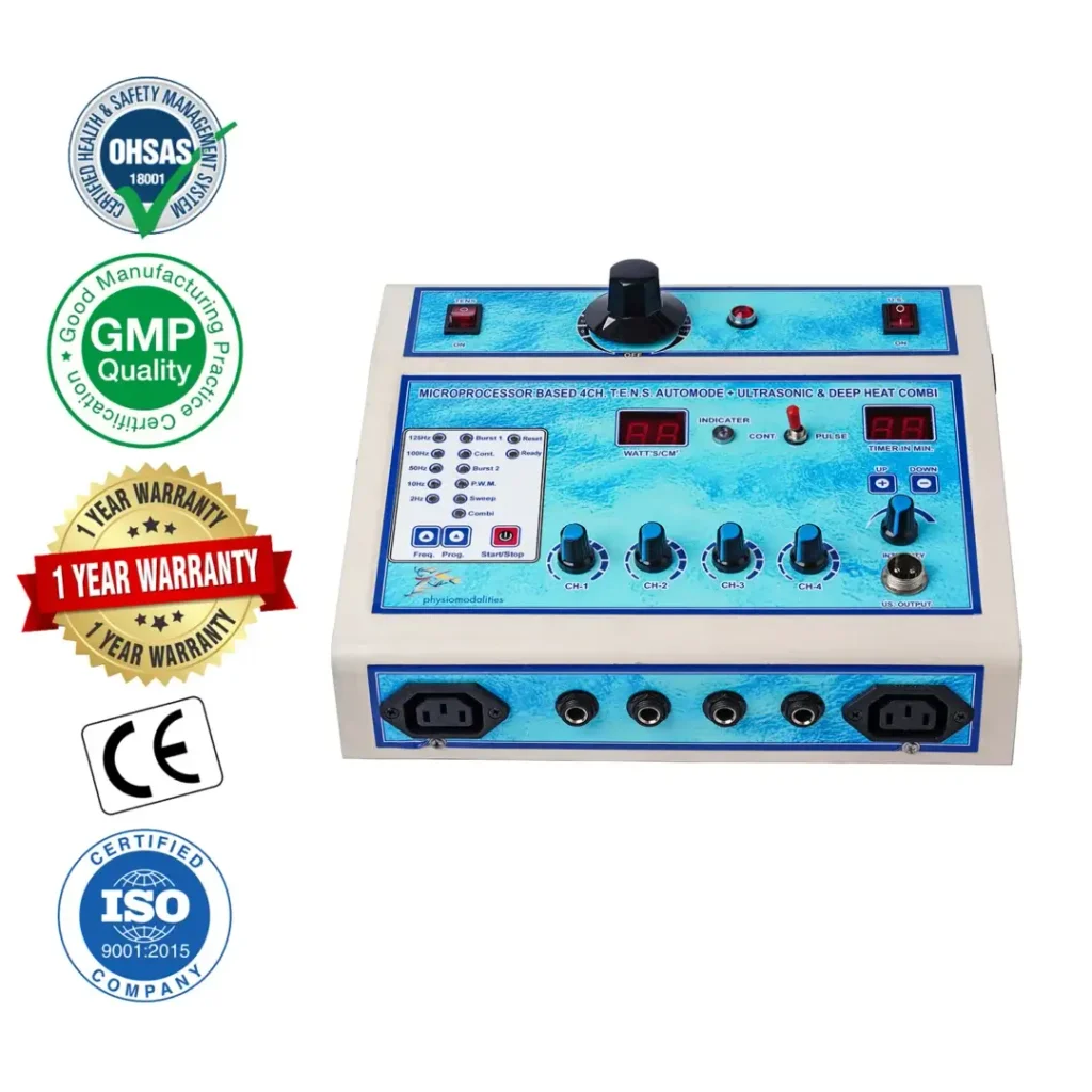 4-Ch TENS + US + Deep Heat Combo Physiotherapy Machine Microprocessor-based 4-channel TENS Automode, Ultrasonic, and Deep Heat combination physiotherapy machine with adjustable controls, digital timer, and therapy accessories, shown with OHSAS, GMP, CE, ISO 9001:2015, and 1-year warranty badges.