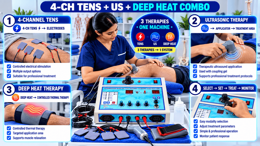 4-Ch TENS + US + Deep Heat Combo Physiotherapy Machine 4-channel TENS + Ultrasonic + Deep Heat combination physiotherapy machine demonstrating three therapy modalities, with multiple TENS electrodes, an ultrasound applicator, deep heat pads, and adjustable treatment controls.