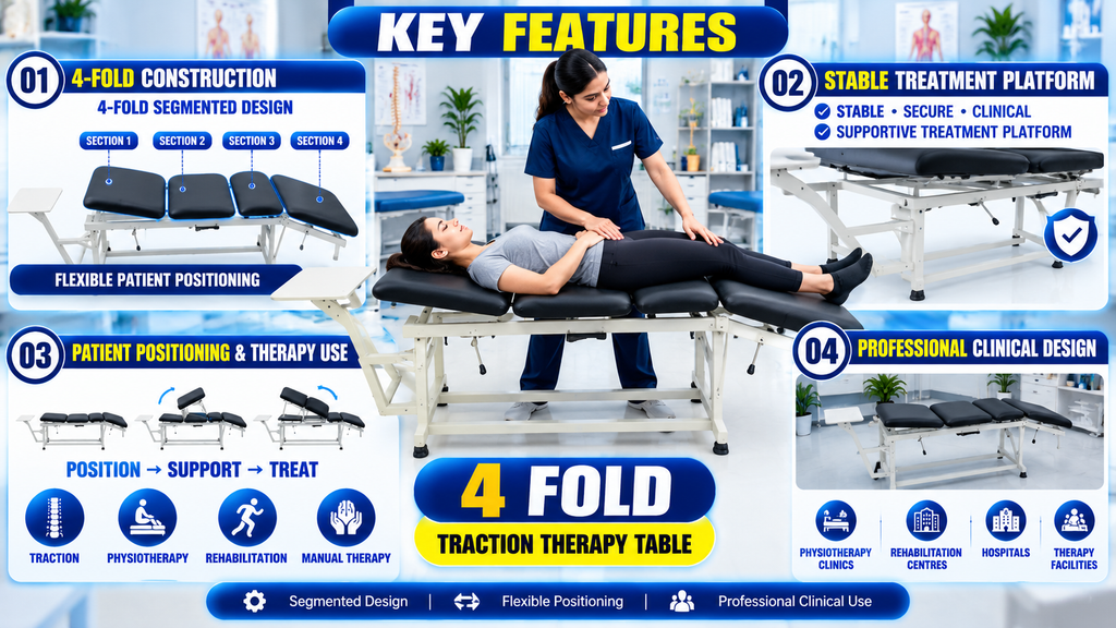 4 Fold Traction Therapy Table Key features of a 4-fold traction therapy table with segmented padded sections, stable metal frame, flexible patient positioning, and professional clinical design.