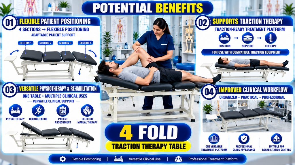 4 Fold Traction Therapy Table Potential benefits of a 4-fold traction therapy table showing flexible patient positioning, traction therapy support, versatile physiotherapy and rehabilitation use, and an organized clinical workflow.