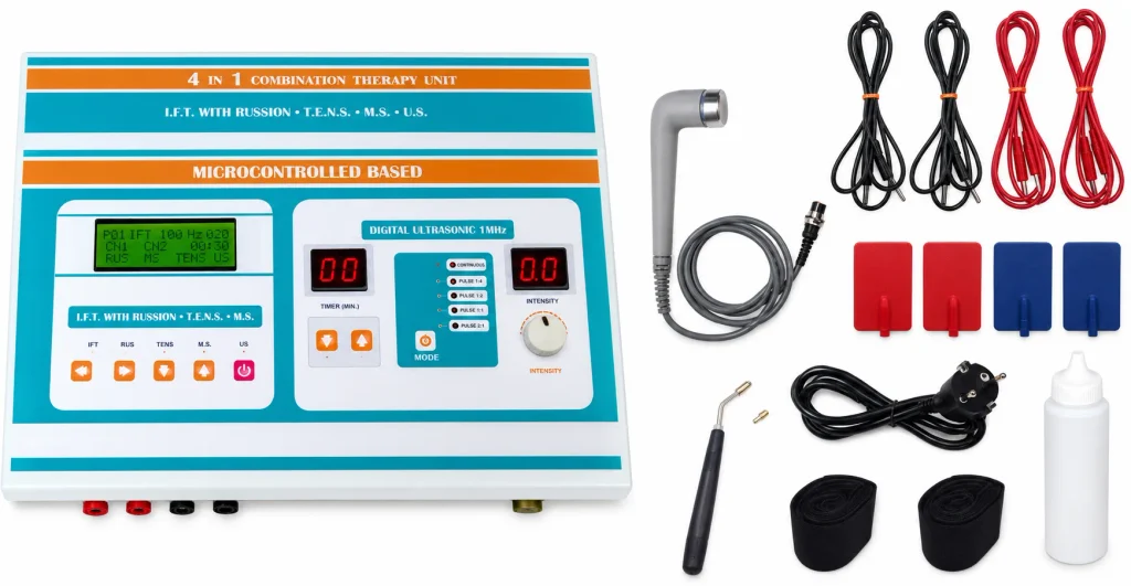 Advanced 4-in-1 Combo Therapy Unit 4-in-1 combination therapy unit with IFT, Russian, TENS, muscle stimulation, and digital 1 MHz ultrasound controls, shown with ultrasound applicator, electrode leads, electrodes, power cable, coupling gel, and therapy accessories.