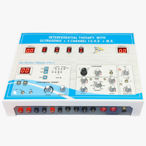 4-in-1 Combination Physiotherapy Machine featuring Interferential Therapy (IFT), Ultrasonic Therapy, 4-Channel TENS, and Muscle Stimulation (MS), with digital displays and adjustable treatment controls.