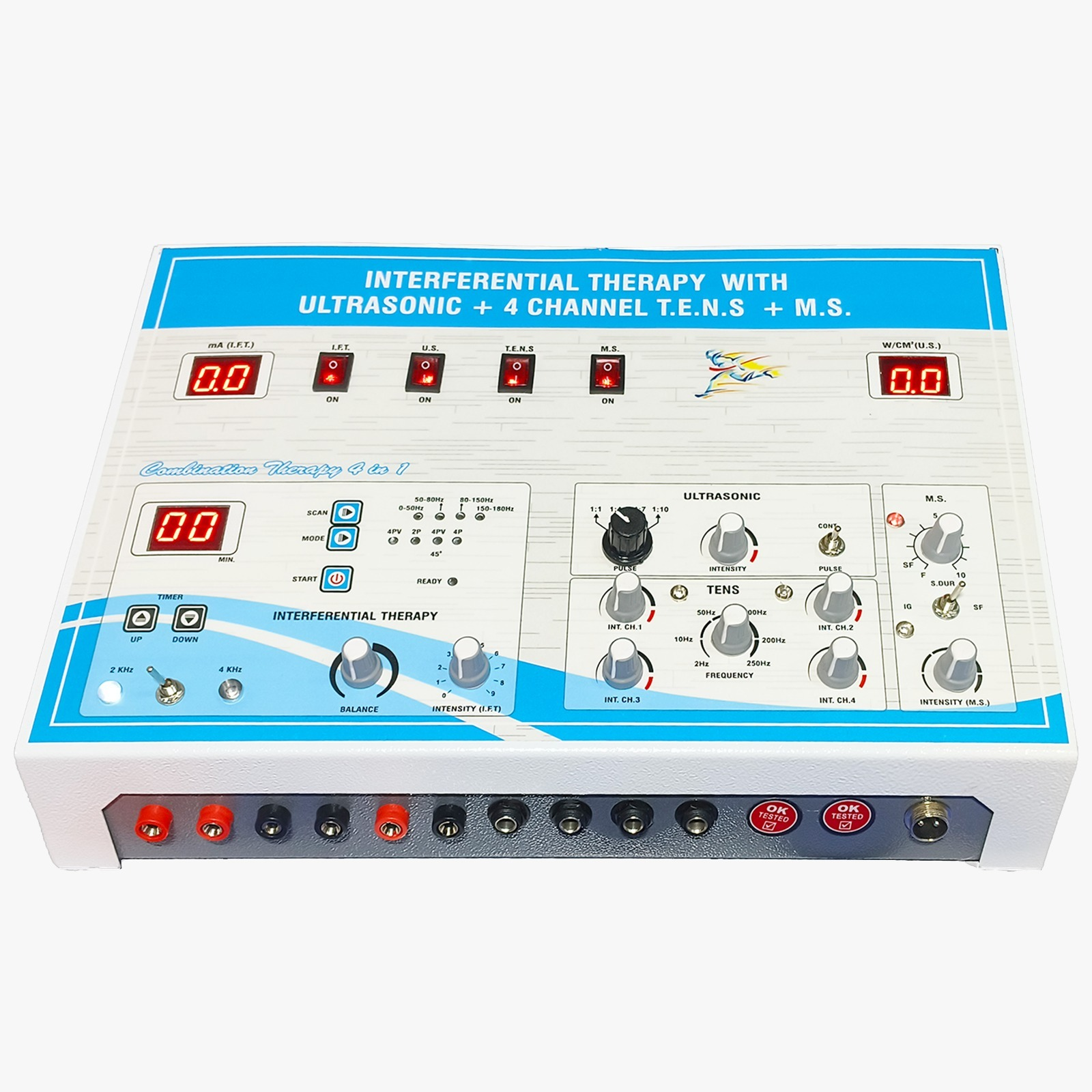 4-in-1 IFT + US + 4-Ch TENS + MS Physiotherapy Machine 4-in-1 Combination Physiotherapy Machine featuring Interferential Therapy (IFT), Ultrasonic Therapy, 4-Channel TENS, and Muscle Stimulation (MS), with digital displays and adjustable treatment controls.