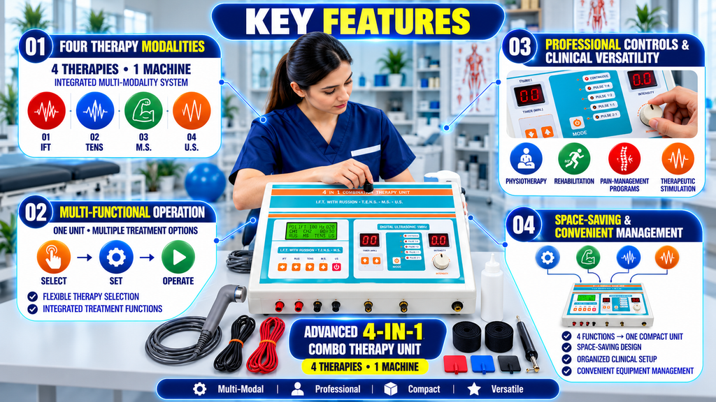 Advanced 4-in-1 Combo Therapy Unit 4-in-1 physiotherapy combination therapy machine featuring IFT, TENS, muscle stimulation, and digital 1 MHz ultrasound with adjustable controls, timer, intensity settings, and therapy accessories.