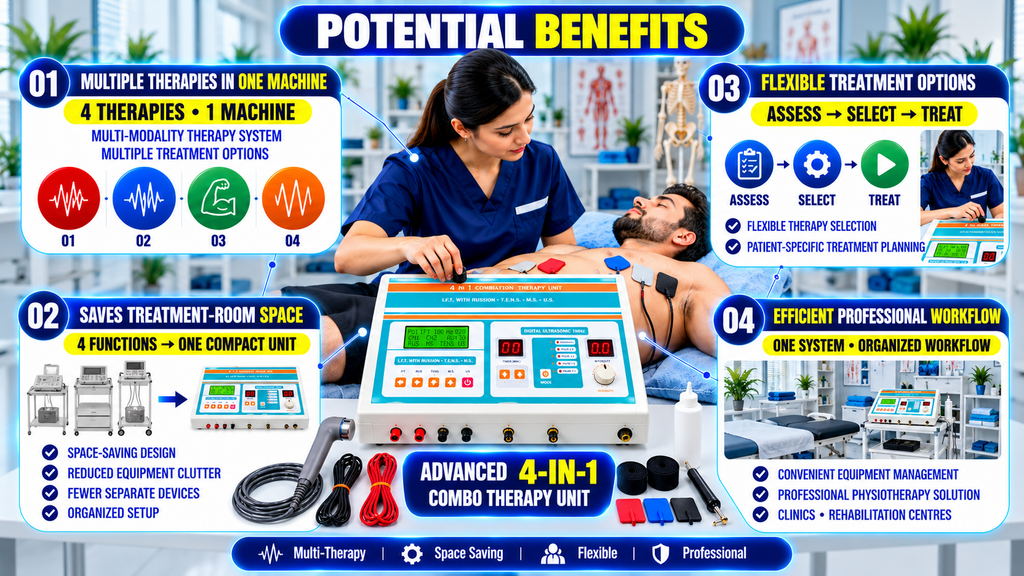 Advanced 4-in-1 Combo Therapy Unit 4-in-1 physiotherapy combo therapy machine showing IFT, TENS, muscle stimulation, and ultrasound with flexible treatment options, compact design, and professional clinical workflow.