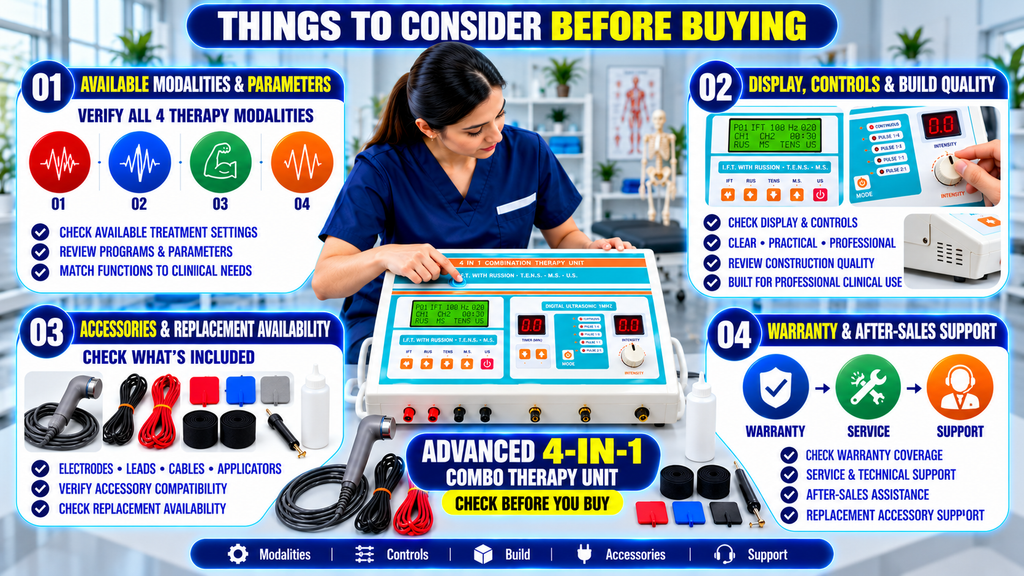 Advanced 4-in-1 Combo Therapy Unit Advanced 4-in-1 physiotherapy combo therapy unit showing key buying considerations, including therapy modalities, treatment parameters, controls, build quality, accessories, warranty, and after-sales support.
