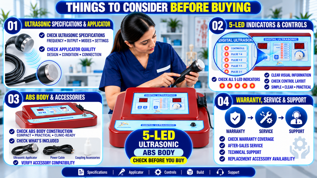 5-LED Ultrasonic Physiotherapy Machine – ABS Body 5-LED ultrasonic physiotherapy machine buying guide covering ultrasonic specifications, applicator quality, LED indicators, controls, ABS body, accessories, warranty, service, and technical support.