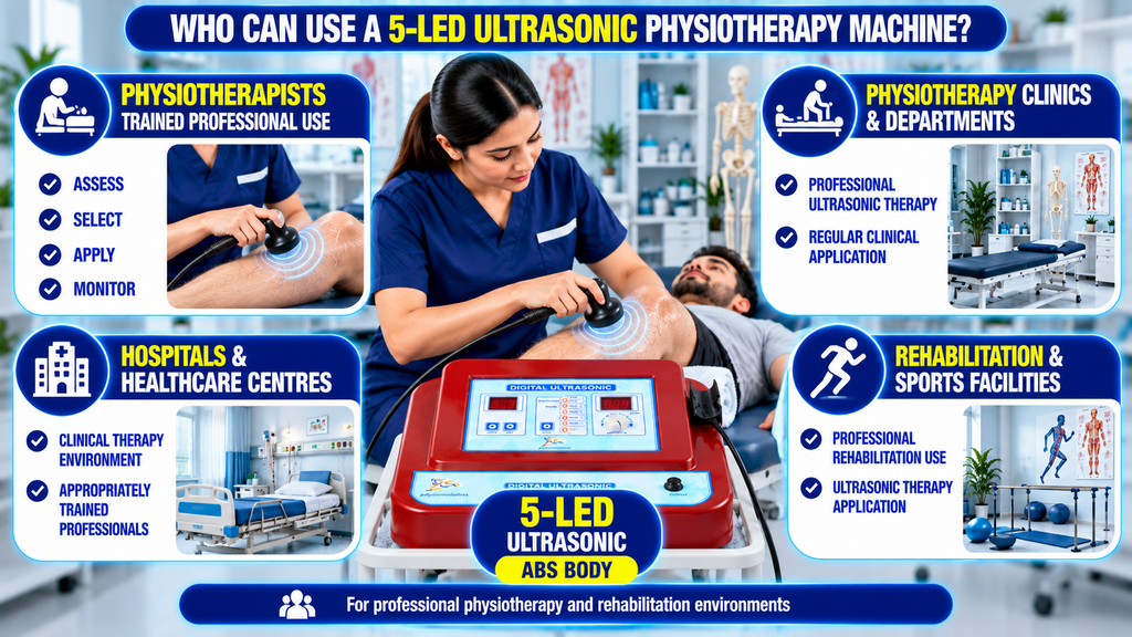 5-LED Ultrasonic Physiotherapy Machine – ABS Body Who can use a 5-LED ultrasonic physiotherapy machine, featuring qualified physiotherapists, physiotherapy clinics, hospitals, healthcare centres, rehabilitation centres, and sports rehabilitation facilities.