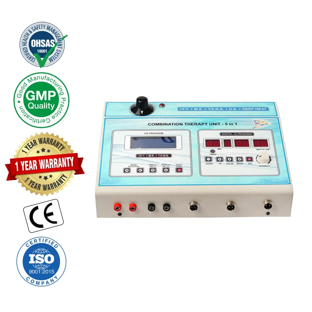 5-in-1 Physiotherapy Combo Machine 5-in-1 combination physiotherapy therapy unit with IFT, muscle stimulation, TENS, digital ultrasonic, and deep heat functions, featuring digital controls and therapy outputs.