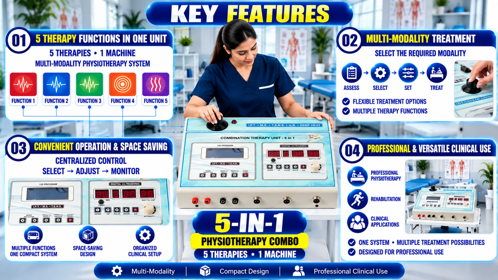5-in-1 Physiotherapy Combo Machine 5-in-1 physiotherapy combination machine featuring IFT, muscle stimulation, TENS, digital ultrasonic therapy, and deep heat functions with centralized digital controls.