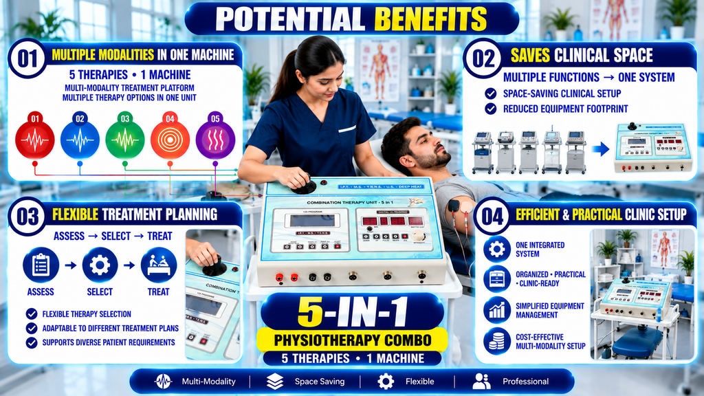 5-in-1 Physiotherapy Combo Machine 5-in-1 physiotherapy combo machine showing multiple therapy modalities, space-saving design, flexible treatment planning, and organized clinical setup.