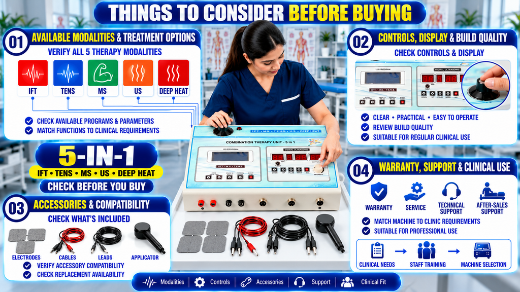 5-in-1 Physiotherapy Combo Machine 5-in-1 physiotherapy combo machine with IFT, TENS, MS, ultrasonic, and deep heat therapy, showing key buying considerations including controls, accessories, compatibility, warranty, and clinical use.