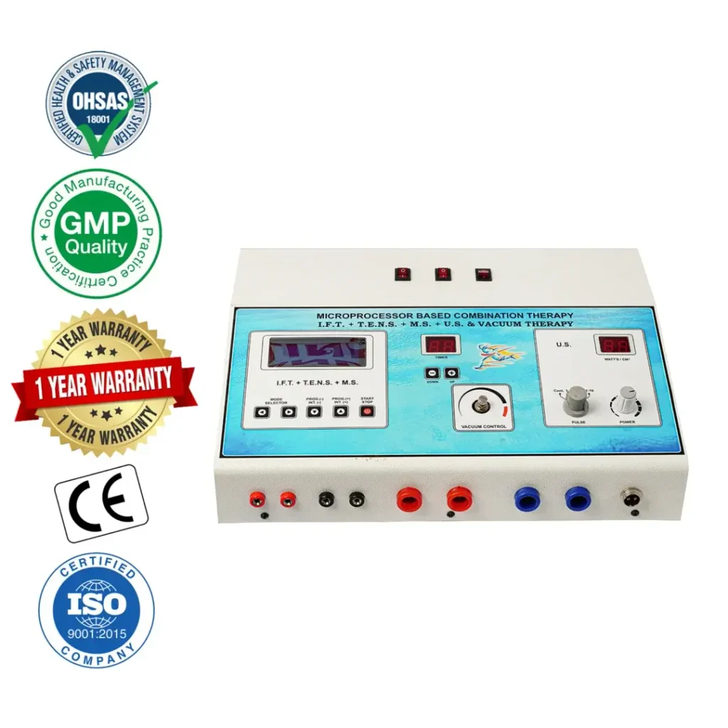 5-in-1 Combination Physiotherapy Machine with IFT, TENS, Muscle Stimulation, Ultrasonic Therapy, and Vacuum Therapy, featuring digital displays, adjustable controls, multiple output connectors, and a 1-year warranty.