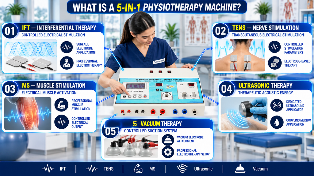 What is a 5-in-1 physiotherapy machine? An educational infographic explaining IFT, TENS, Muscle Stimulation (MS), Ultrasonic Therapy, and Vacuum Therapy, with a combination therapy unit and treatment accessories.