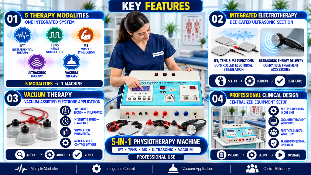 Key features of a 5-in-1 physiotherapy machine combining IFT, TENS, Muscle Stimulation (MS), Ultrasonic Therapy, and Vacuum Therapy, with integrated controls, ultrasound applicator, vacuum electrodes, and multiple therapy connections.