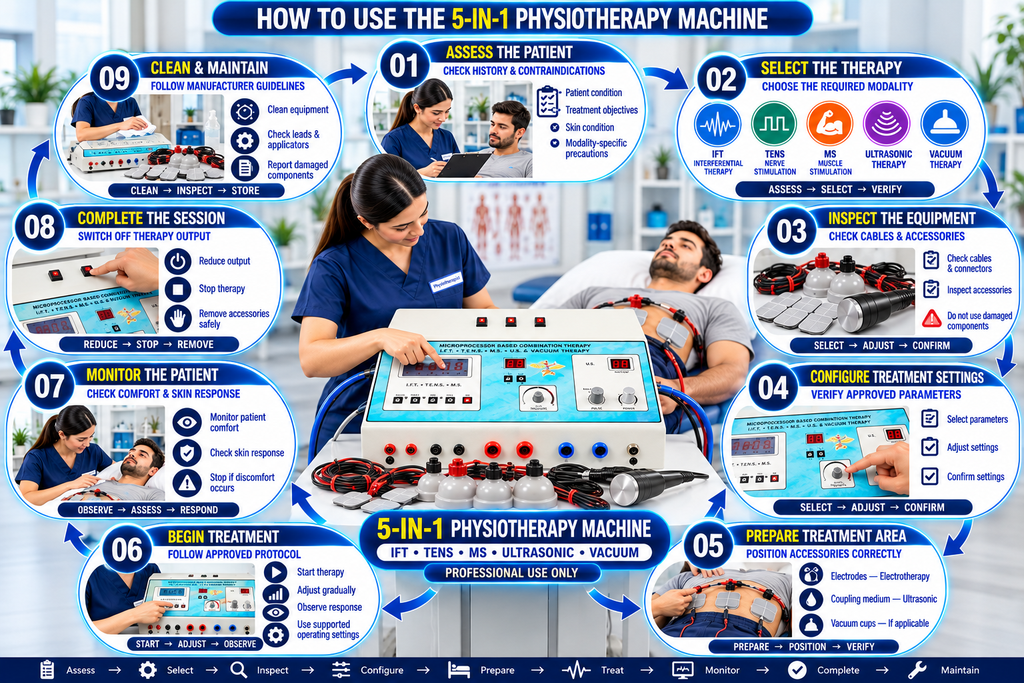 Things to consider before buying a 5-in-1 physiotherapy machine featuring IFT, TENS, Muscle Stimulation, Ultrasonic Therapy, and Vacuum Therapy, with guidance on therapy functions, technical specifications, vacuum accessories, warranty coverage, and after-sales support.