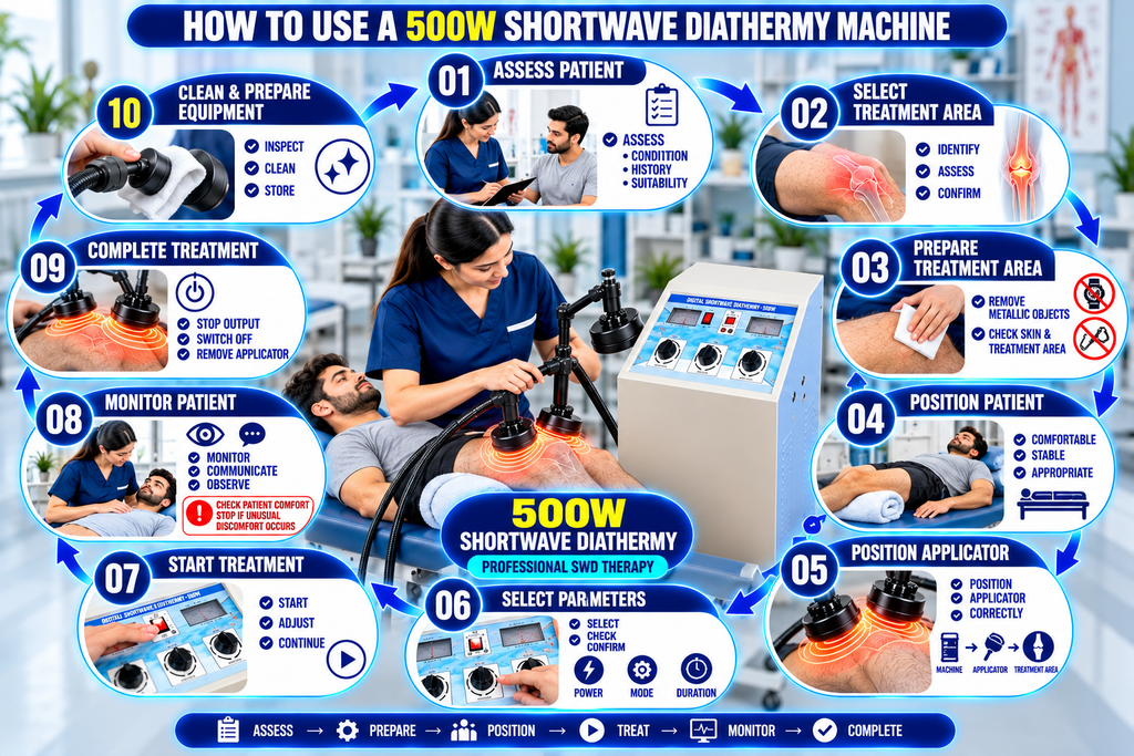 500W Shortwave Diathermy Physiotherapy Machine How-to-use infographic for a 500W shortwave diathermy machine showing patient assessment, treatment area preparation, patient positioning, applicator placement, parameter selection, treatment, monitoring, and session completion.