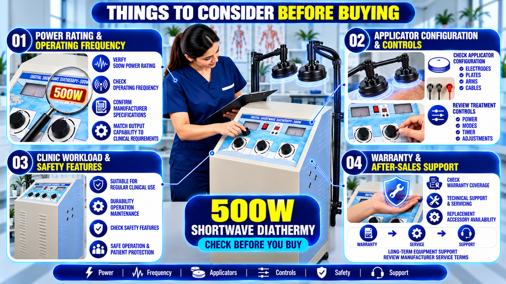 500W Shortwave Diathermy Physiotherapy Machine 500W shortwave diathermy machine buying guide covering power rating, operating frequency, applicator configuration, treatment controls, safety features, workload, warranty, and after-sales support.